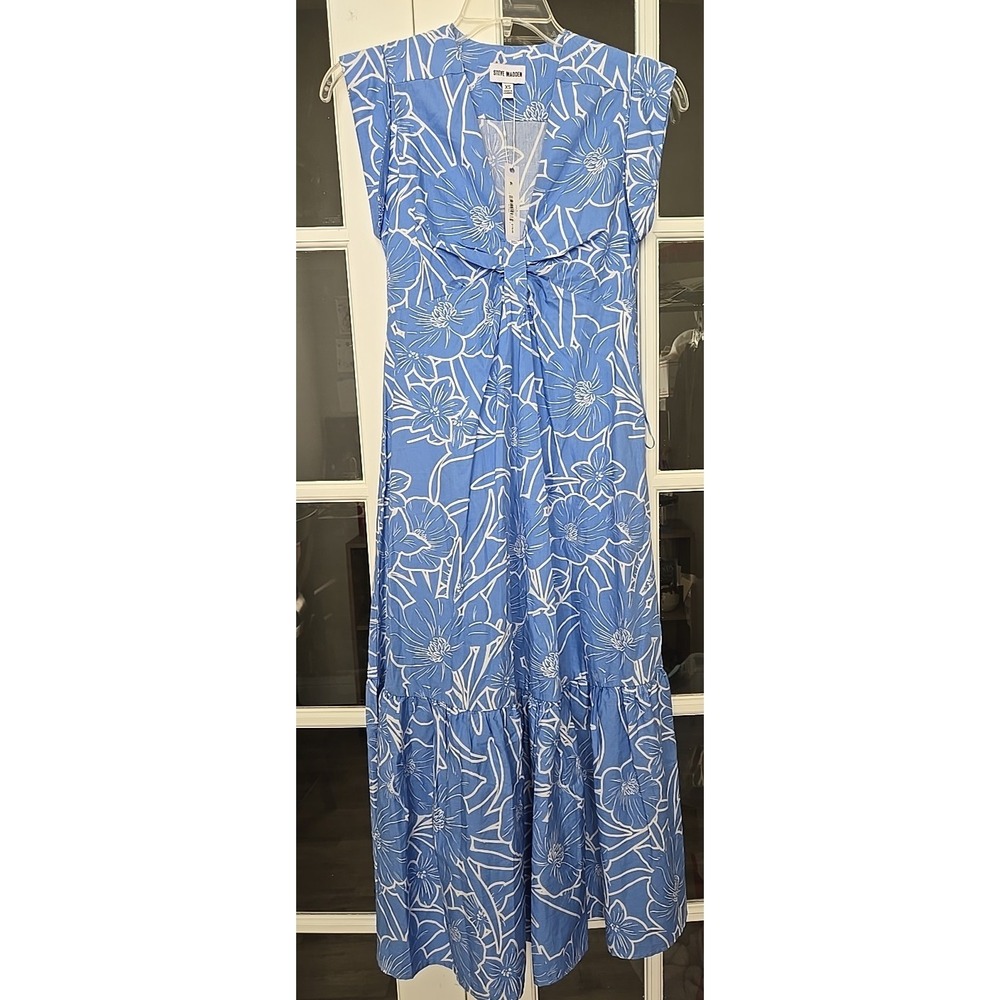 Steve Madden Amanda Midi‎ Dress Azure Blue Floral Twist Front Tiered XS NEW